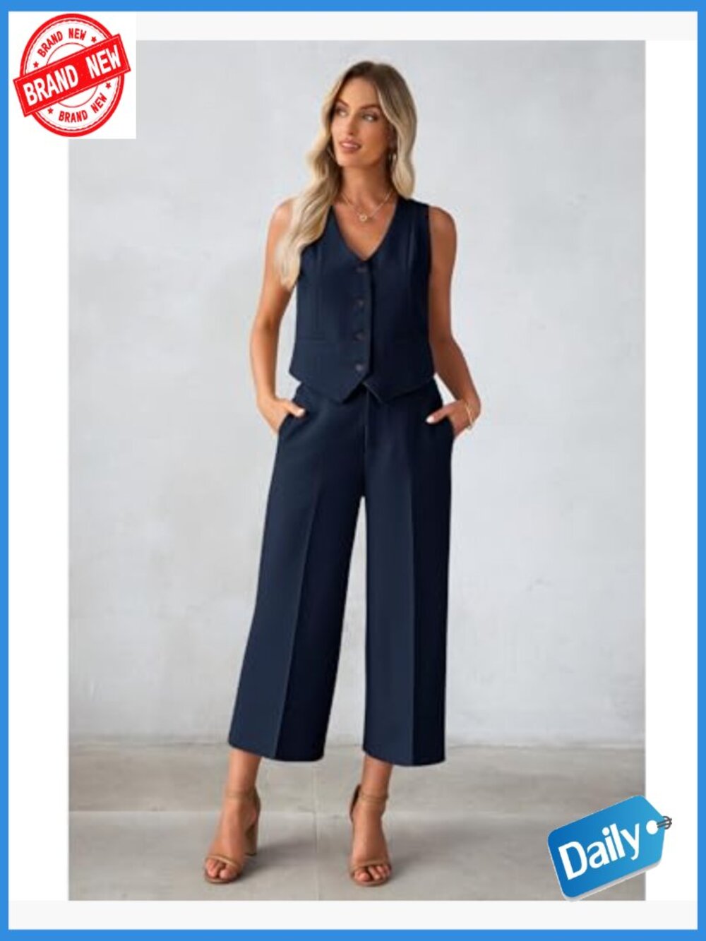 Women's 2 Piece Sleeveless Vest & Wide Leg Capri Pant Suit Set Dressy Casual - Picture 4 of 7